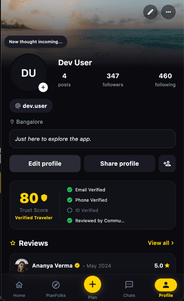 PlanFolks profile Screen